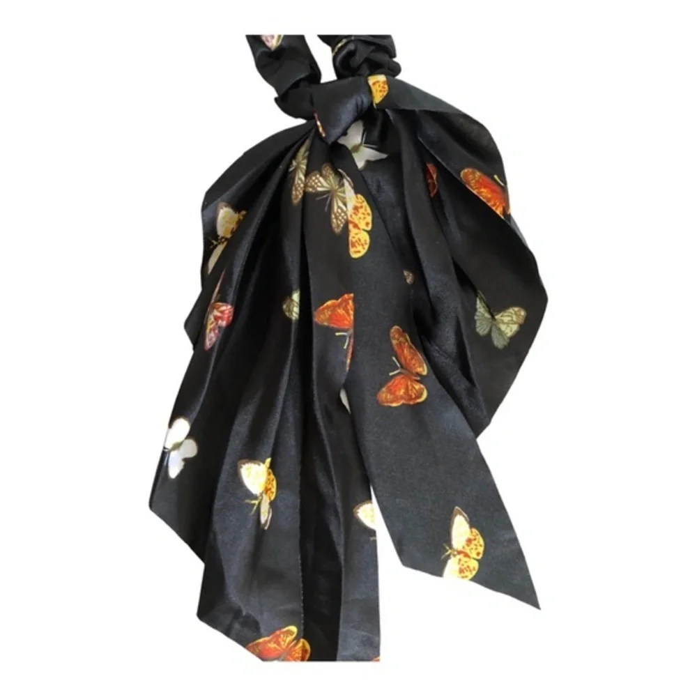 4 Butterfly print satin‎ look black, pink, blue ivory hair scrunchie scarves new